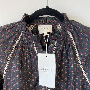 NWT Sezane Floral Blouse Navy XS